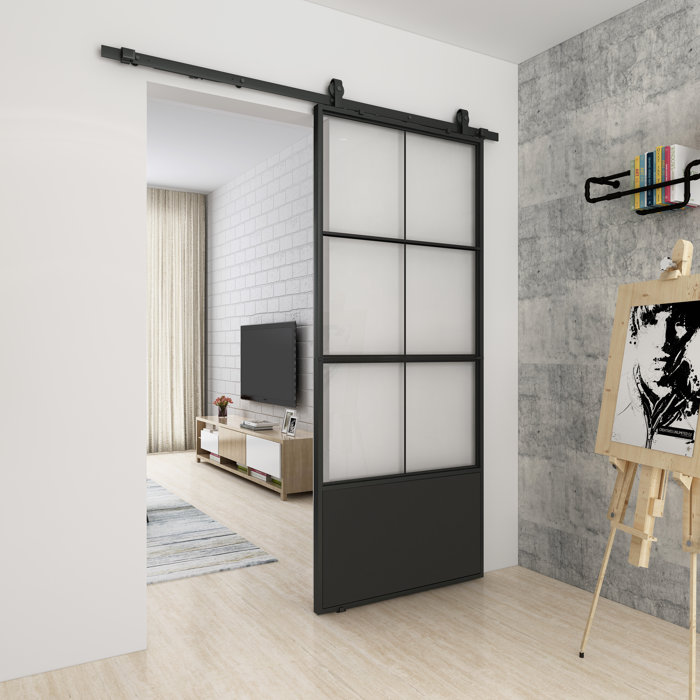 BARNSMITH Glass and Metal Barn Door with Installation Hardware Kit